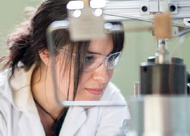 Close up of a researcher wearing safety goggles