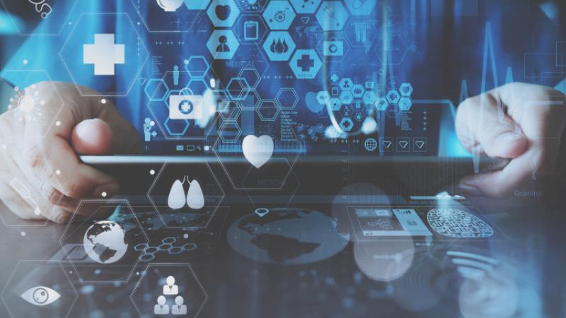 medical techonlogy concept,smart doctor hand working with modern laptop computer in modern office with virtual icon diagram