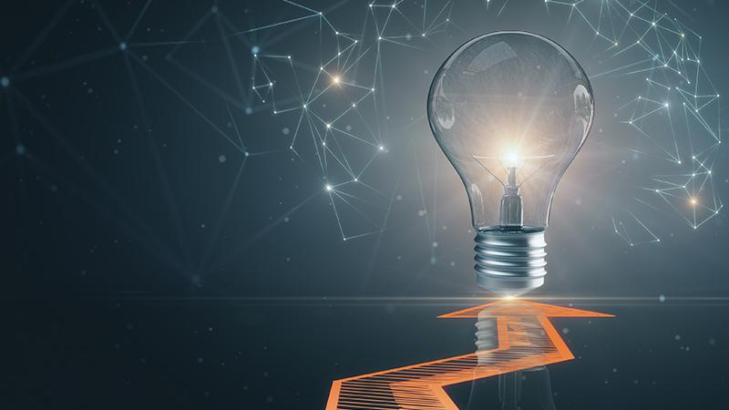 Creative background with arrows and glowing lamp. Idea and innovation concept. 3D Rendering